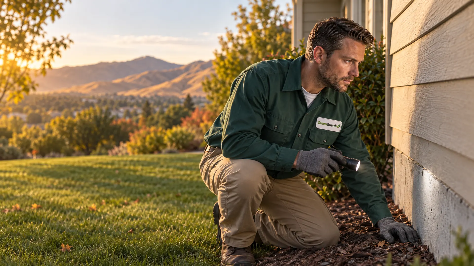 A Green Guard technician checking a home's foundation with a flashlight on a fall afternoon in Boise