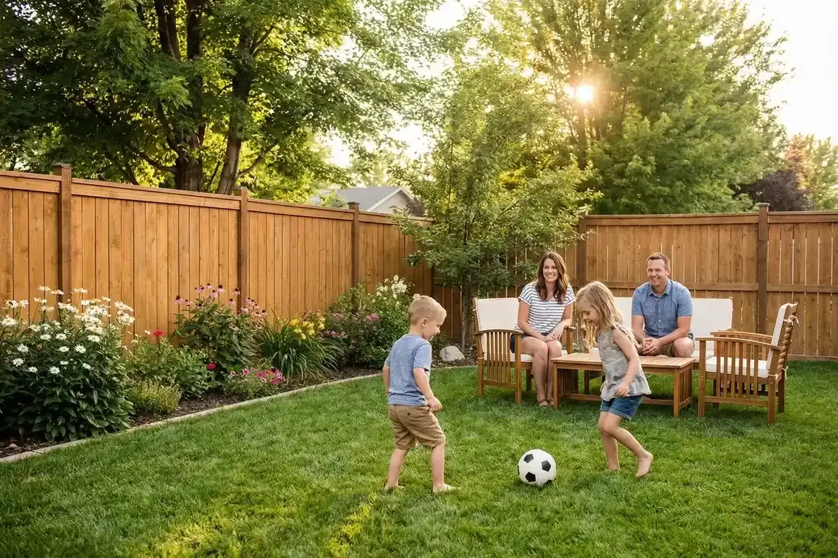 A family playing in their protected backyard