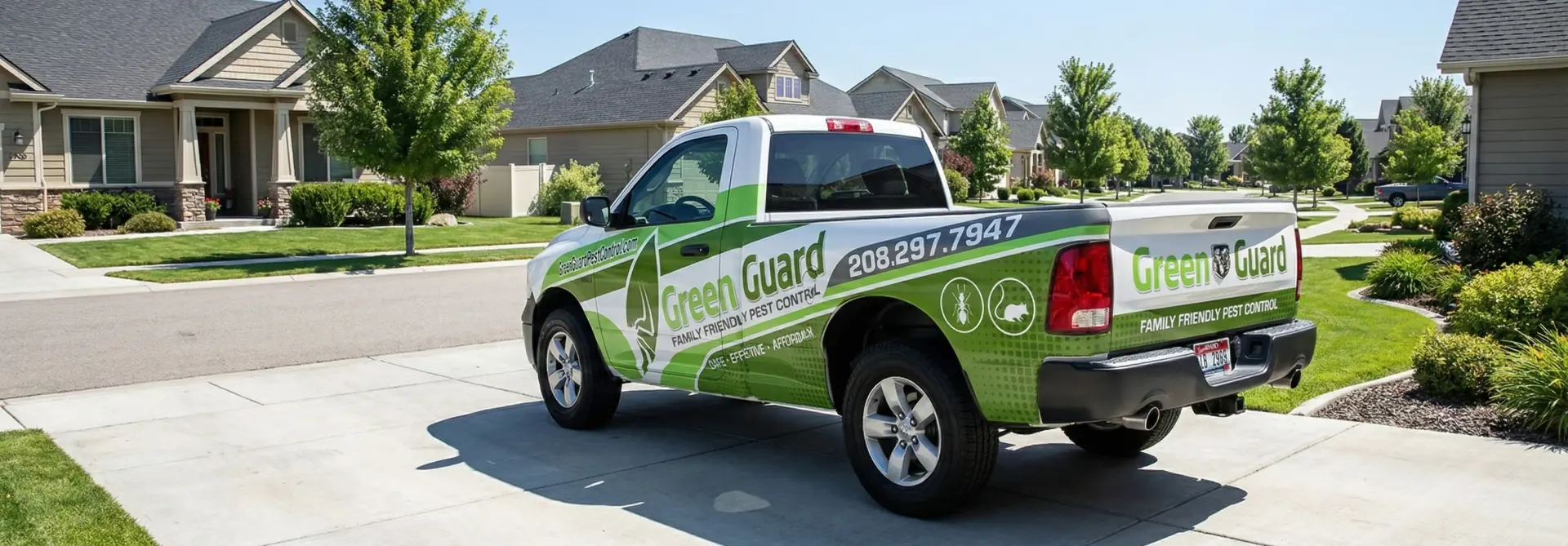 A Green Guard service truck parked in a Treasure Valley neighborhood