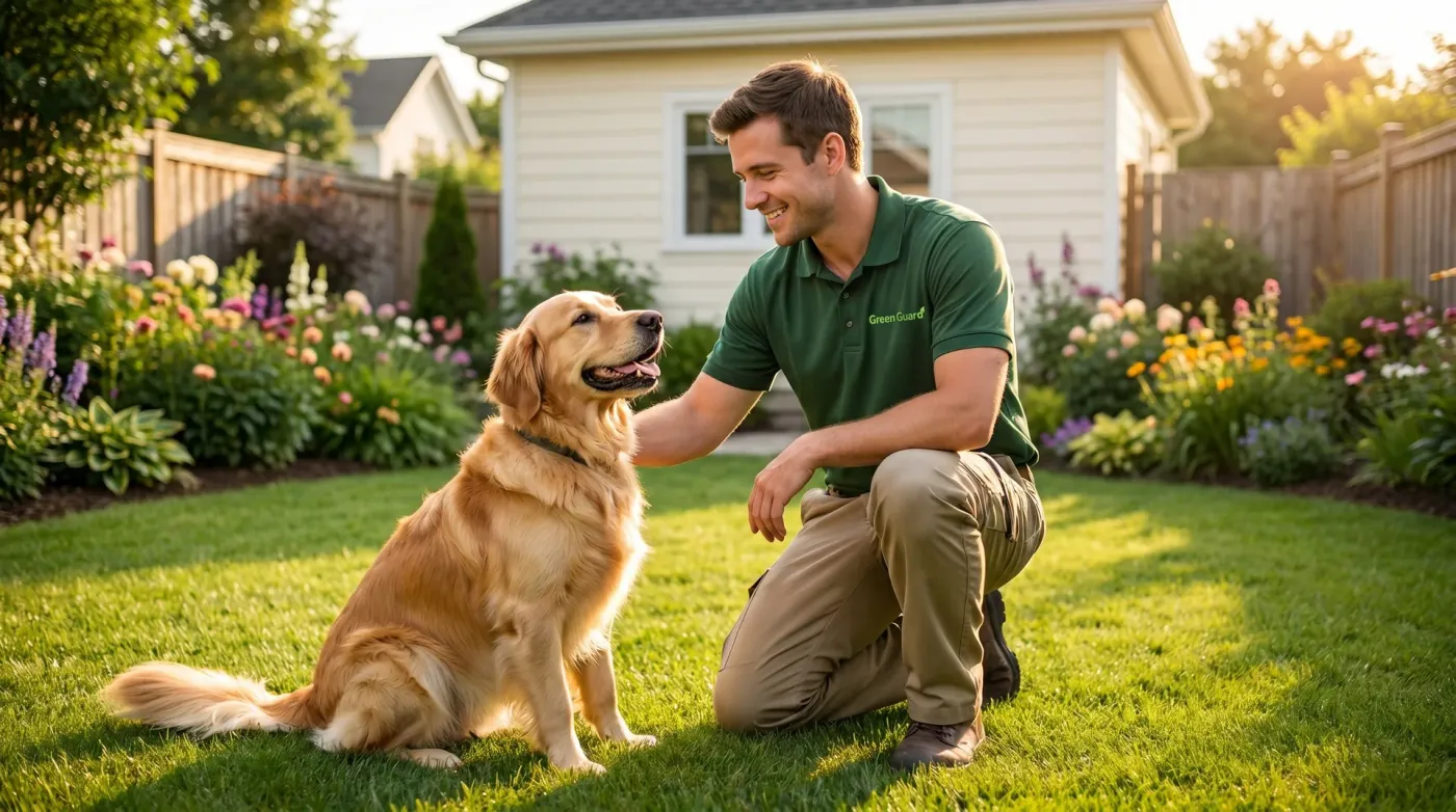 Green Guard technician with a friendly golden retriever in a Treasure Valley backyard