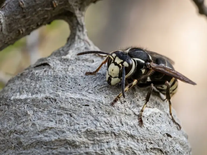 Macro closeup of a bald-faced hornet perched on its gray papery nest on a tree branch