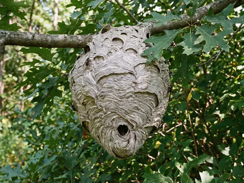 A large gray bald-faced hornet nest hangs from a tree branch surrounded by green leaves