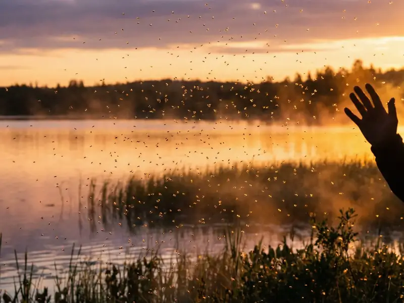 A swarm of tiny biting midges silhouetted against a sunset over a lake, with a hand reaching into frame