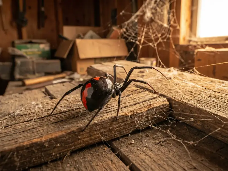 Macro closeup of a black widow spider on a wood beam in its web inside a sunlit, dusty workshop or attic