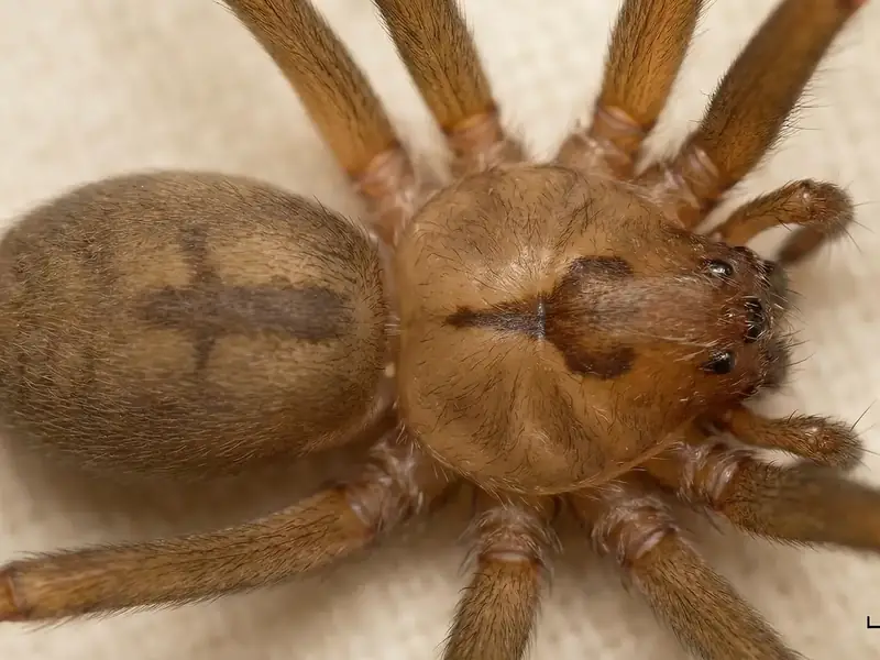 A closeup of a brown spider with a violin-shaped marking on its back, resting on a white surface next to a millimeter scale ruler