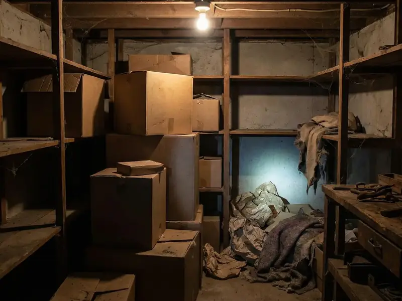 A dim, cluttered storage room or basement with wooden shelving, stacked cardboard boxes, and piles of old cloth, lit by a single bare bulb