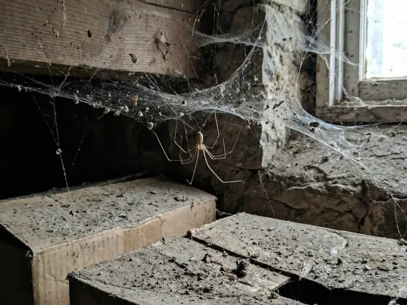 A cellar spider (daddy long-legs spider) sits in its web in the dusty corner of a basement window