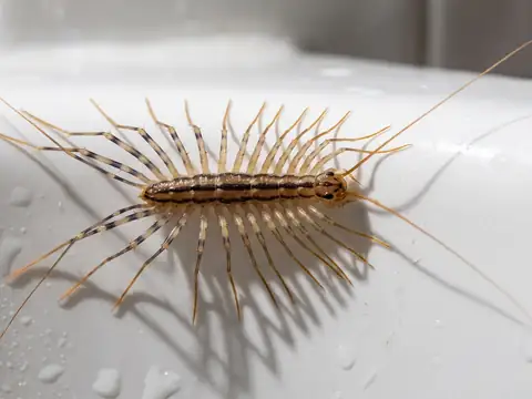 Macro close-up of a house centipede on a white surface