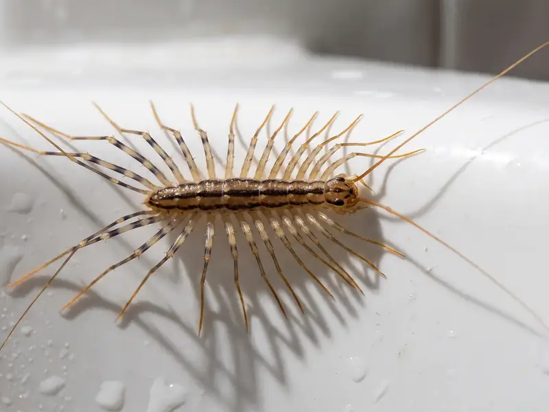 Macro close-up of a house centipede on a white surface