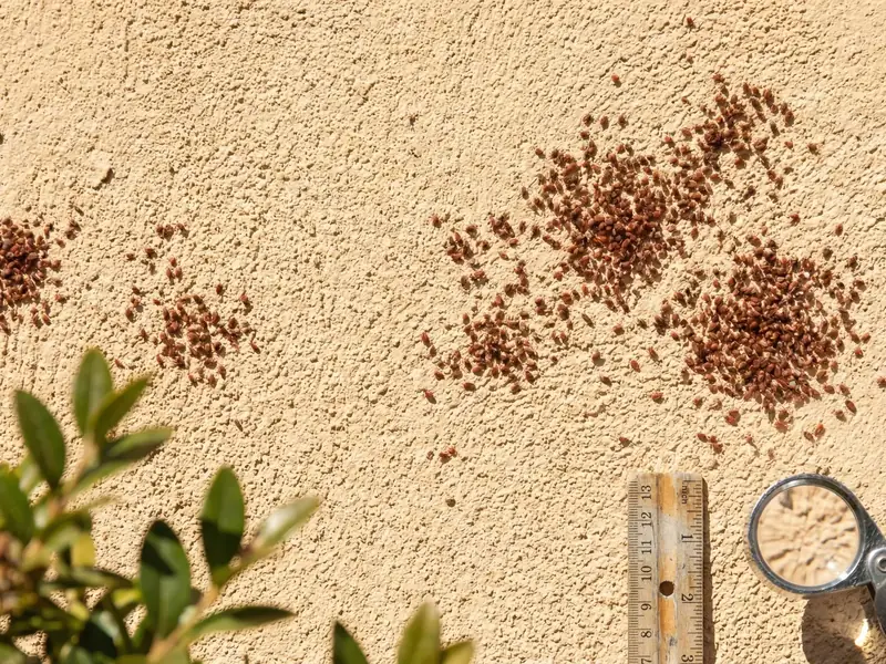 Close-up of a stucco wall with clusters of tiny red clover mites, a gloved hand holding a magnifying glass and thermometer tool nearby