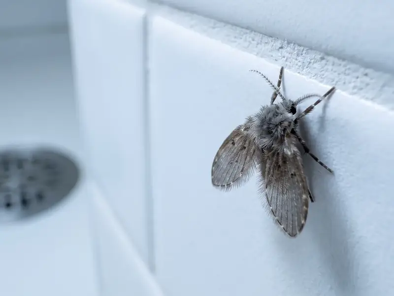 A closeup of a drain fly (moth fly) resting on white bathroom tile near a drain