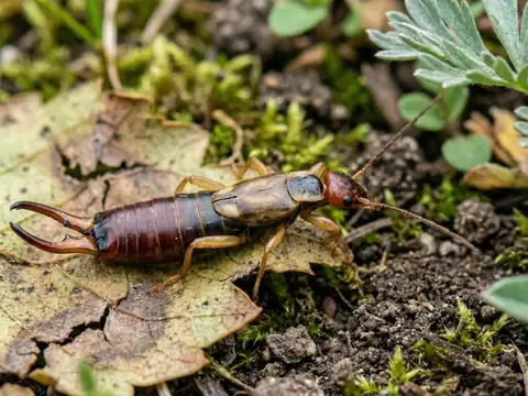 Macro closeup of an earwig on a dry leaf among soil and small plants