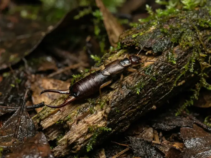 Close-up of an earwig on a log among fallen leaves