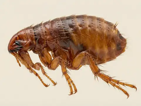 Macro closeup of a flea in extreme detail against a white background, an educational specimen-style photo