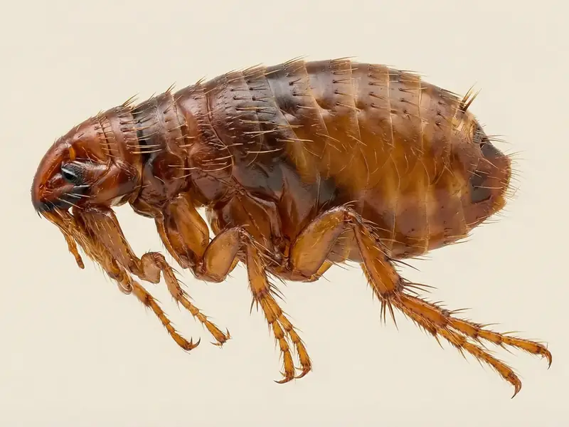 Macro closeup of a flea in extreme detail against a white background, an educational specimen-style photo