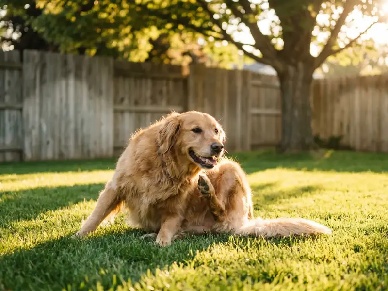 A golden retriever dog scratches itself while lying on green grass in a sunny fenced backyard