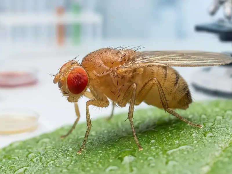 Macro close-up of a fruit fly on a green leaf with a blurred laboratory background of petri dishes and a microscope