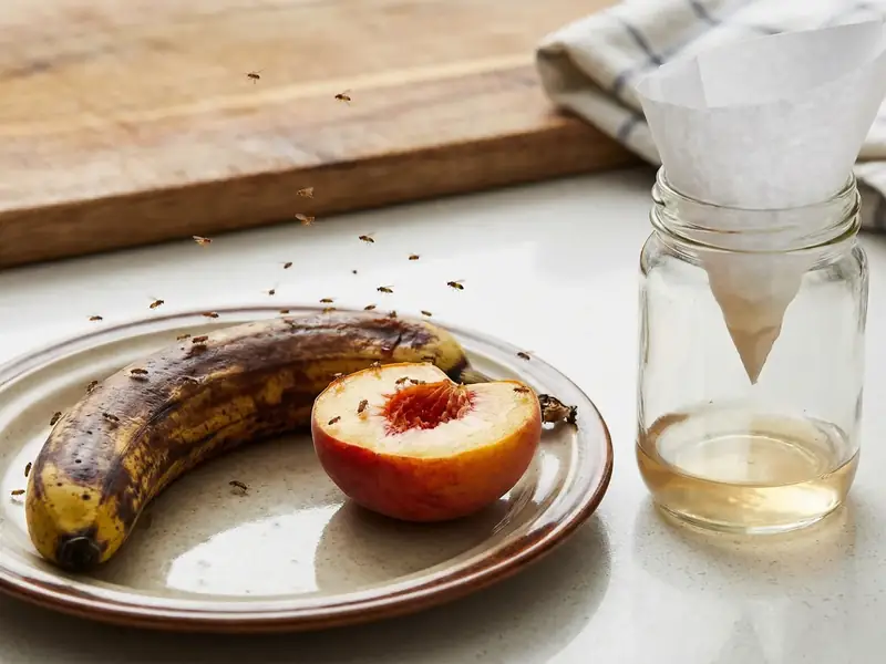 A DIY fruit fly trap made from a paper cone funnel in a jar of vinegar, placed next to ripe bananas and a peach on a plate