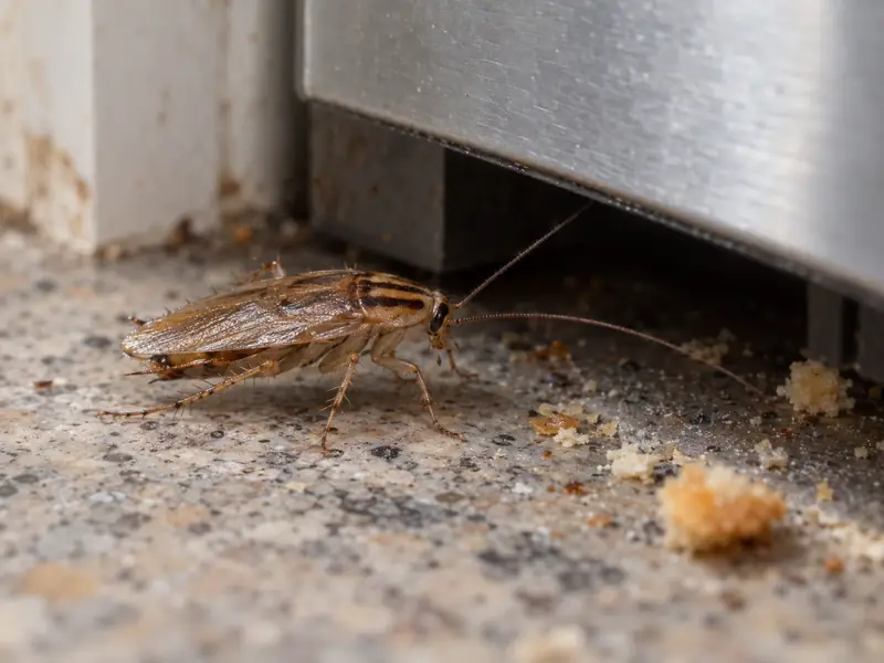 A German cockroach, light brown with two dark stripes behind its head, on a kitchen countertop beside the gap under a dishwasher
