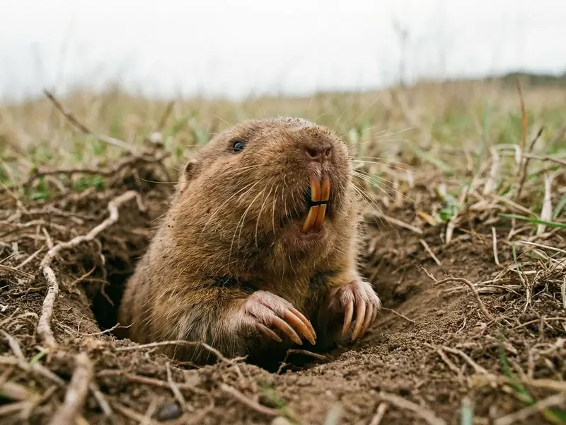 Close-up of a gopher popping its head and paws out of a burrow hole in grass