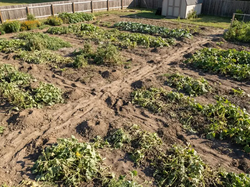 A vegetable garden bed dug up and damaged with dirt mounds and tunnels running through the rows