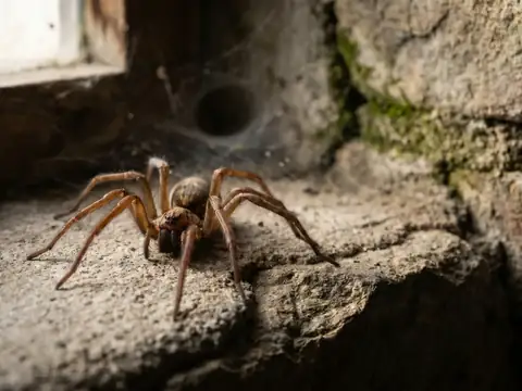 Macro closeup of a light-brown spider in a stone crevice with visible web strands