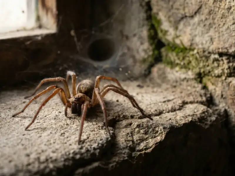 Macro closeup of a light-brown spider in a stone crevice with visible web strands