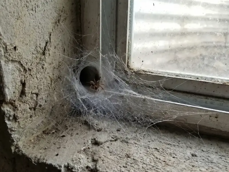 Close-up of a funnel web spider's web in the corner of a concrete window well or basement wall