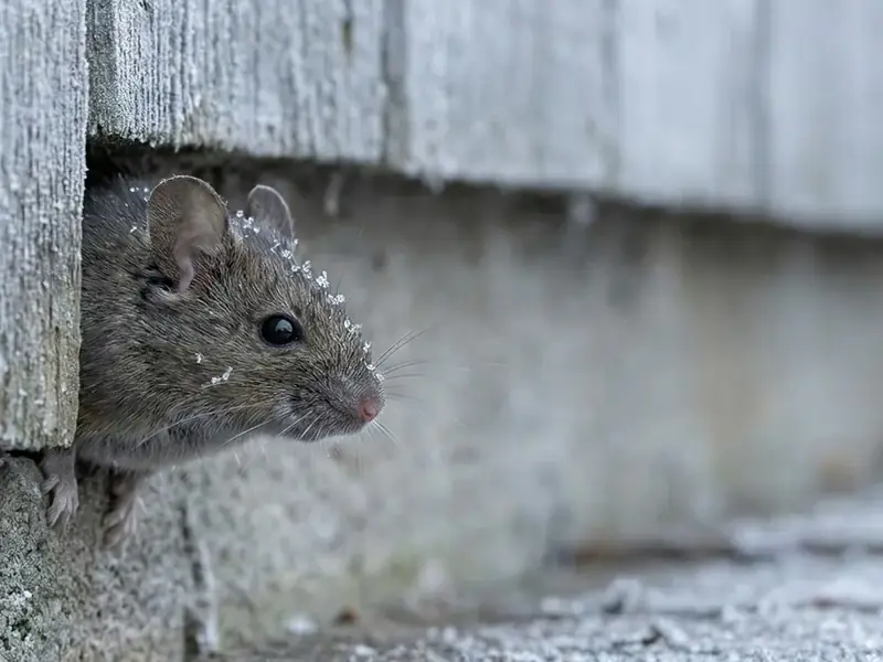 Close-up of a mouse peeking out from a gap in frosty wood siding