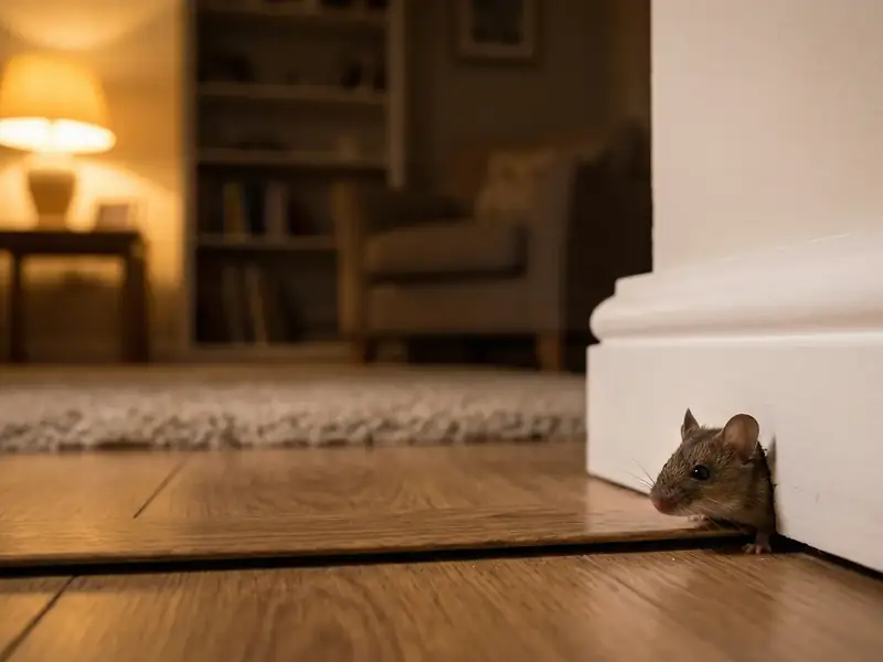 A mouse peeking out from a gap in the baseboard onto a hardwood floor in a warmly lit living room
