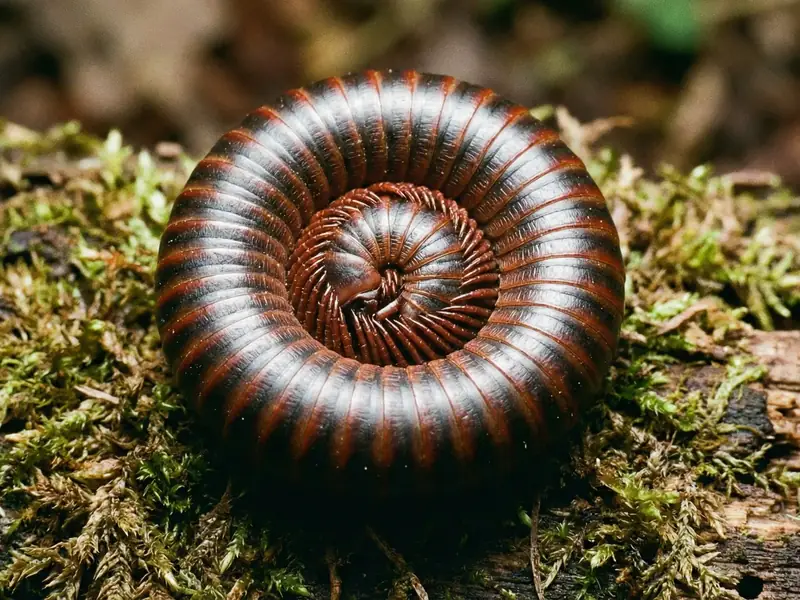 A macro closeup of a curled brown-and-tan millipede resting on green moss and bark