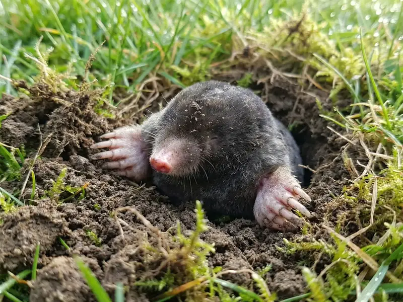 Closeup of a mole emerging from a burrow mound in a green lawn
