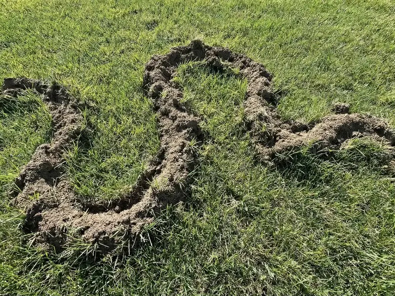 Raised, winding mole tunnels disturb the surface of a green lawn