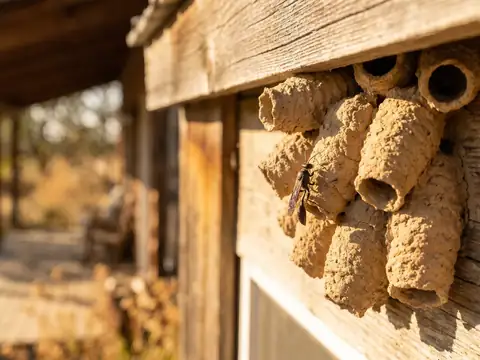 Close-up of a cluster of mud dauber nest tubes built under a wooden porch eave