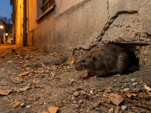 A rat emerges from a hole at the base of a brick wall in a dark alley at night