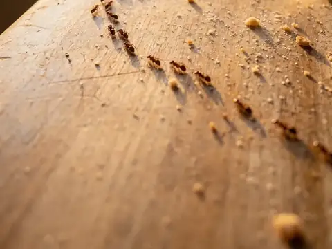 Close-up of a wood counter with a line of ants trailing across it, sunlit window and a blurred coffee cup in the background