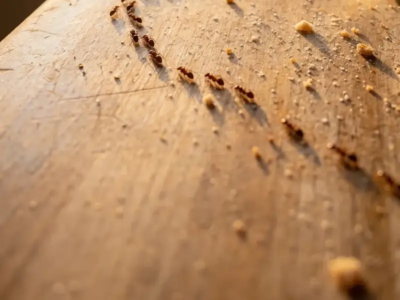Close-up of a wood counter with a line of ants trailing across it, sunlit window and a blurred coffee cup in the background
