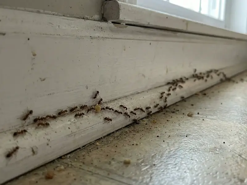 A line of small dark ants marches along a white baseboard near a window frame on a tiled floor