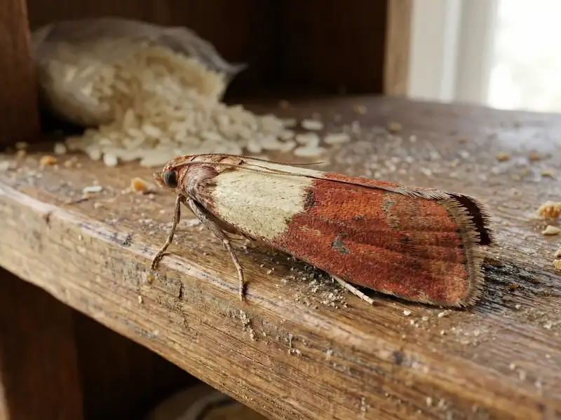 Close-up of a pantry moth resting on a wood shelf near scattered grain crumbs by a window
