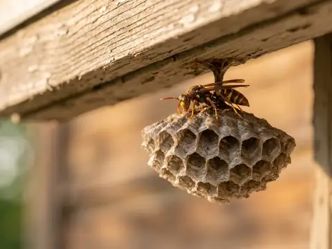 Close-up of a paper wasp on its nest under a wood eave at golden hour
