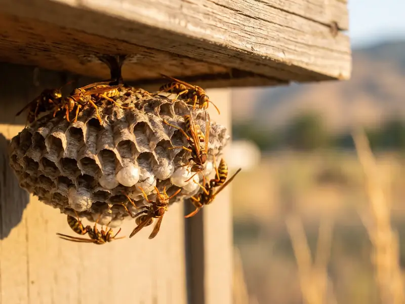 Close-up of a paper wasp nest hanging under a wooden eave, with dry grass and foothills blurred in the background