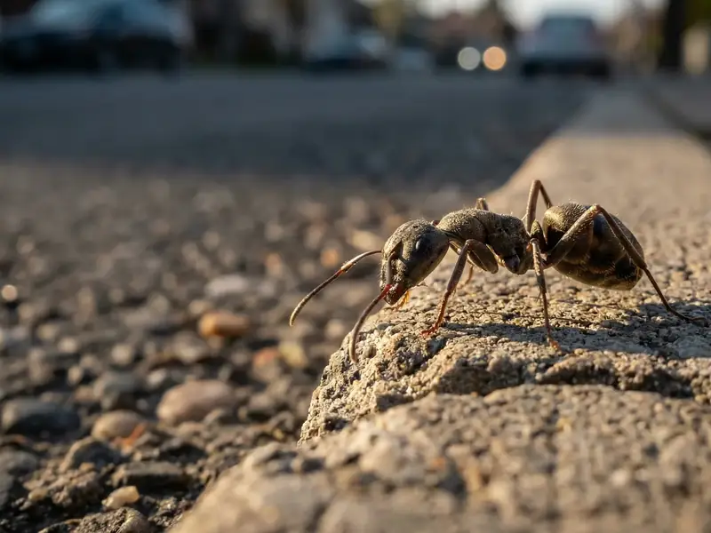 Macro close-up of an ant walking on rough pavement, with parked cars blurred on a street in the background