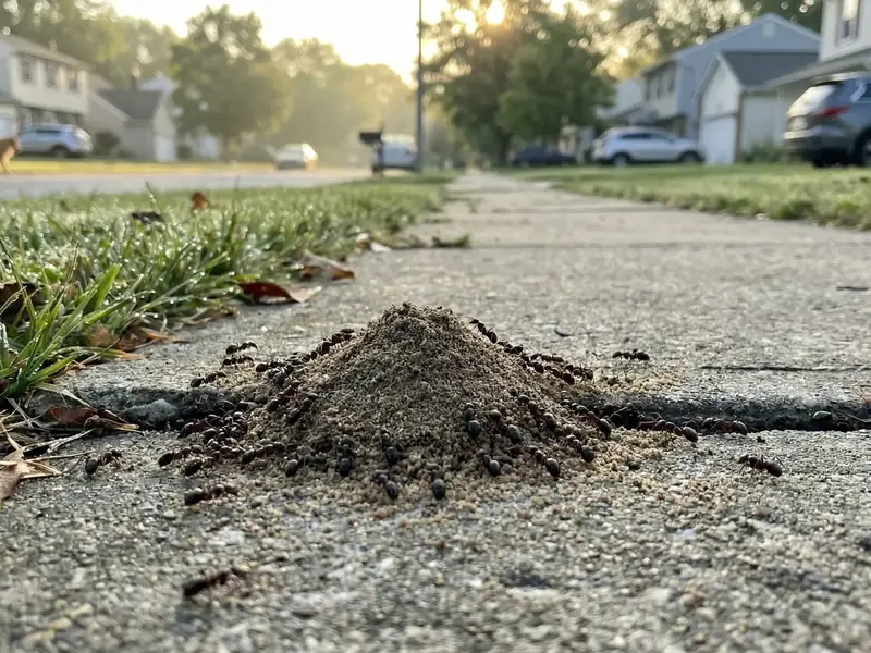 Close-up of a small ant mound pushing up through a crack in a residential sidewalk, with a person walking a dog on the street in the background