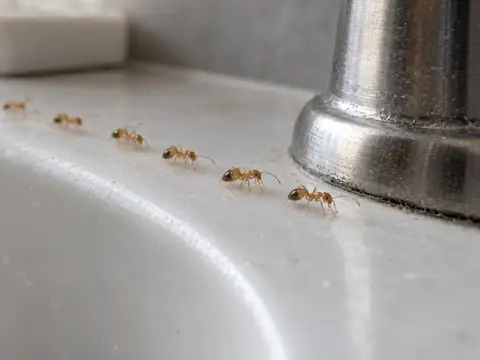 A trail of tiny pale yellow pharaoh ants walking along the edge of a white bathroom sink beside the faucet