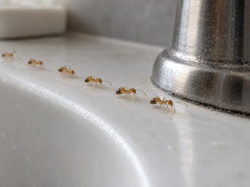 A trail of tiny pale yellow pharaoh ants walking along the edge of a white bathroom sink beside the faucet