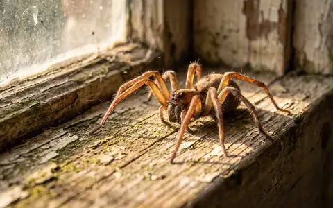 Brown spider close-up on a wooden surface, commonly mistaken for a brown recluse in a Boise Idaho home