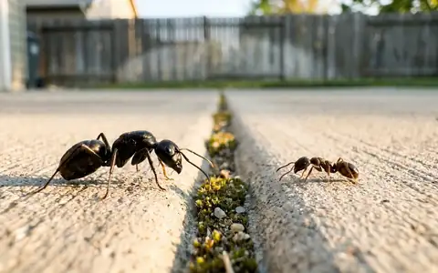 Side by side macro photo of a black carpenter ant and a small pavement ant on Boise concrete