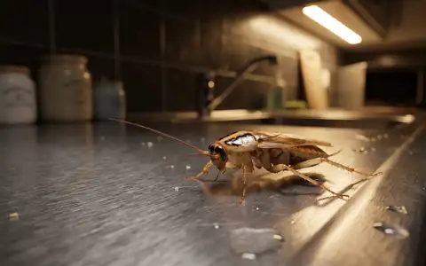Close-up of a German cockroach on a Boise apartment kitchen counter at night
