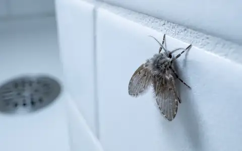 Close-up of a fuzzy gray-brown drain fly (moth fly) resting on the white tile wall of a Boise bathroom near the shower drain