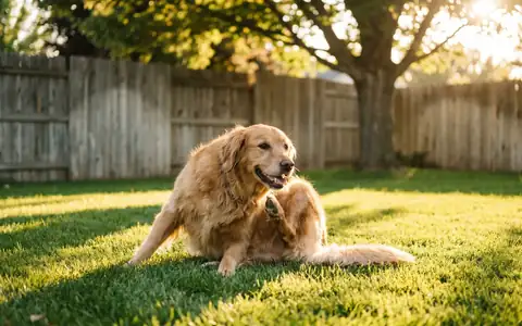 Small dog scratching for fleas on a green Boise Idaho backyard lawn in summer sunlight